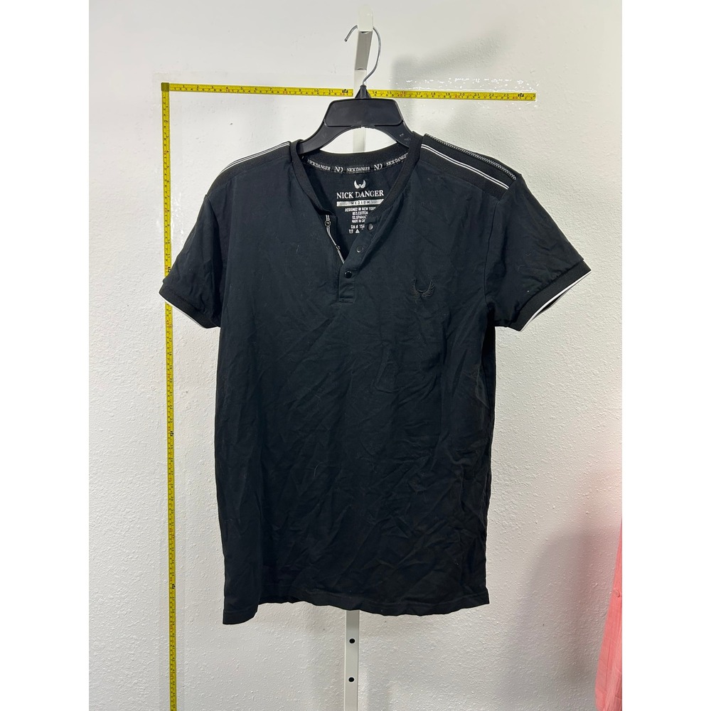 Nick Danger‎ Mens Black Henley Shirt Medium Snap Button Shoulder Zipper Detail